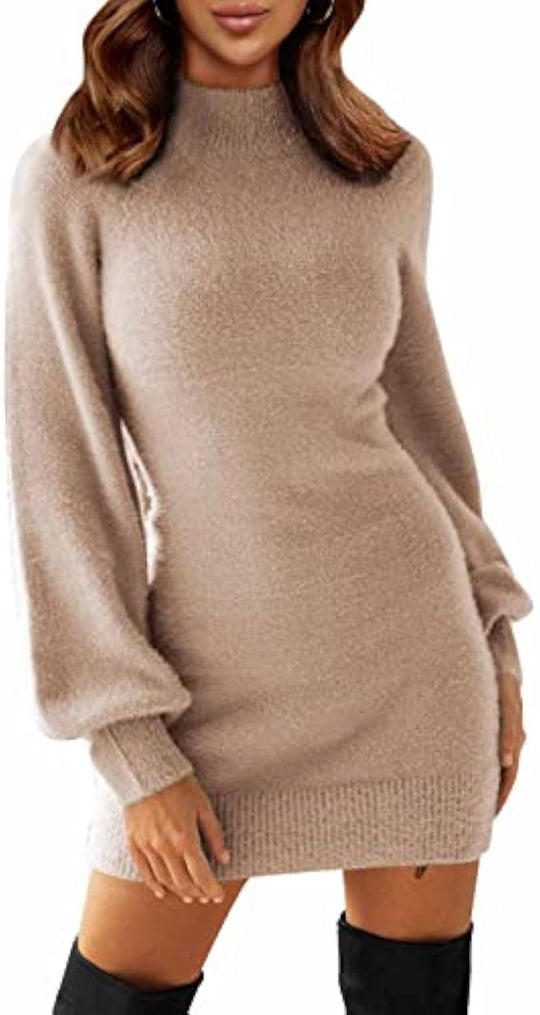 Damen Tailliertes Teddy-Strick-Minikleid mit Stehkragen und Ballonärmeln EB
