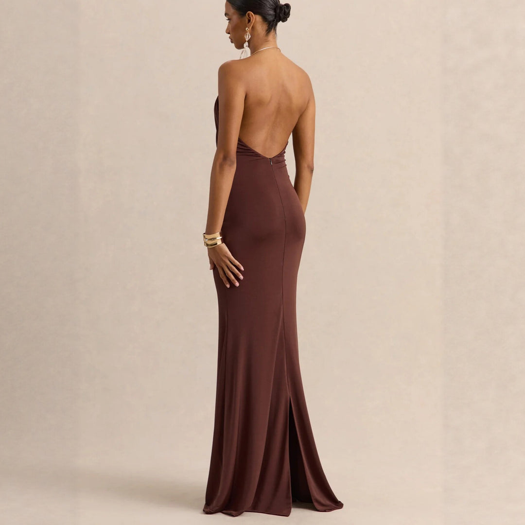 Damen Raffiniertes Maxikleid mit tiefem V-Ausschnitt und Drapierung EB