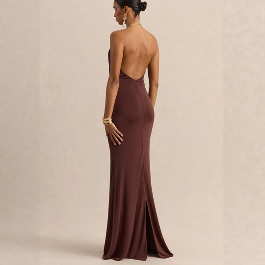 Damen Raffiniertes Maxikleid mit tiefem V-Ausschnitt und Drapierung EB