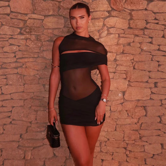Damen figurbetontes Kleid mit transparenten Einsätzen und raffinierten Drapierungen EB