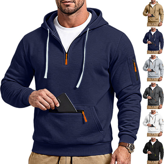 Herren sportlicher Kapuzenpullover mit halbem Reißverschluss und verschließbarer Kängurutasche EB