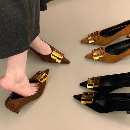 Damen elegante Slingback Pumps mit goldener Schnallenverzierung EB