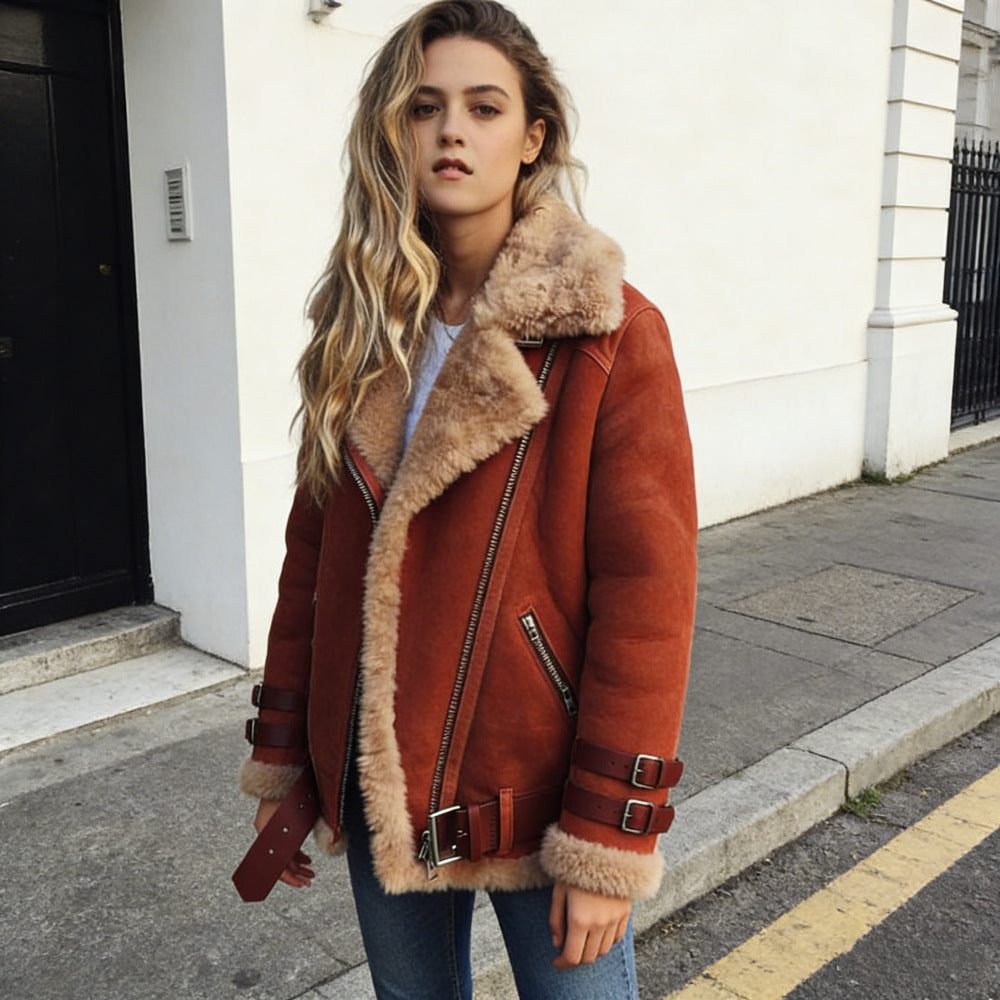 Damen nan flauschige Bikerjacke mit Teddyfutter und Schnallenbesatz EB