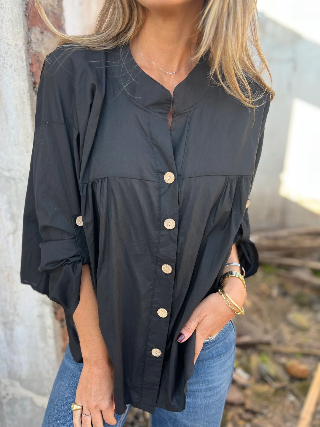 Damen Baumwollbluse mit Knopfleiste und bequemem Schnitt EB