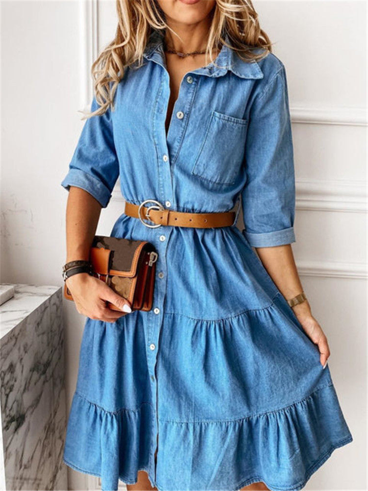 Damen nan Stufen-Hemdblusenkleid mit Taillenbetonung, durchgehender Knopfleiste und Brusttasche EB