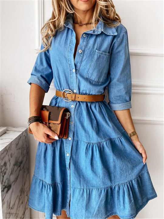Damen nan Stufen-Hemdblusenkleid mit Taillenbetonung, durchgehender Knopfleiste und Brusttasche EB
