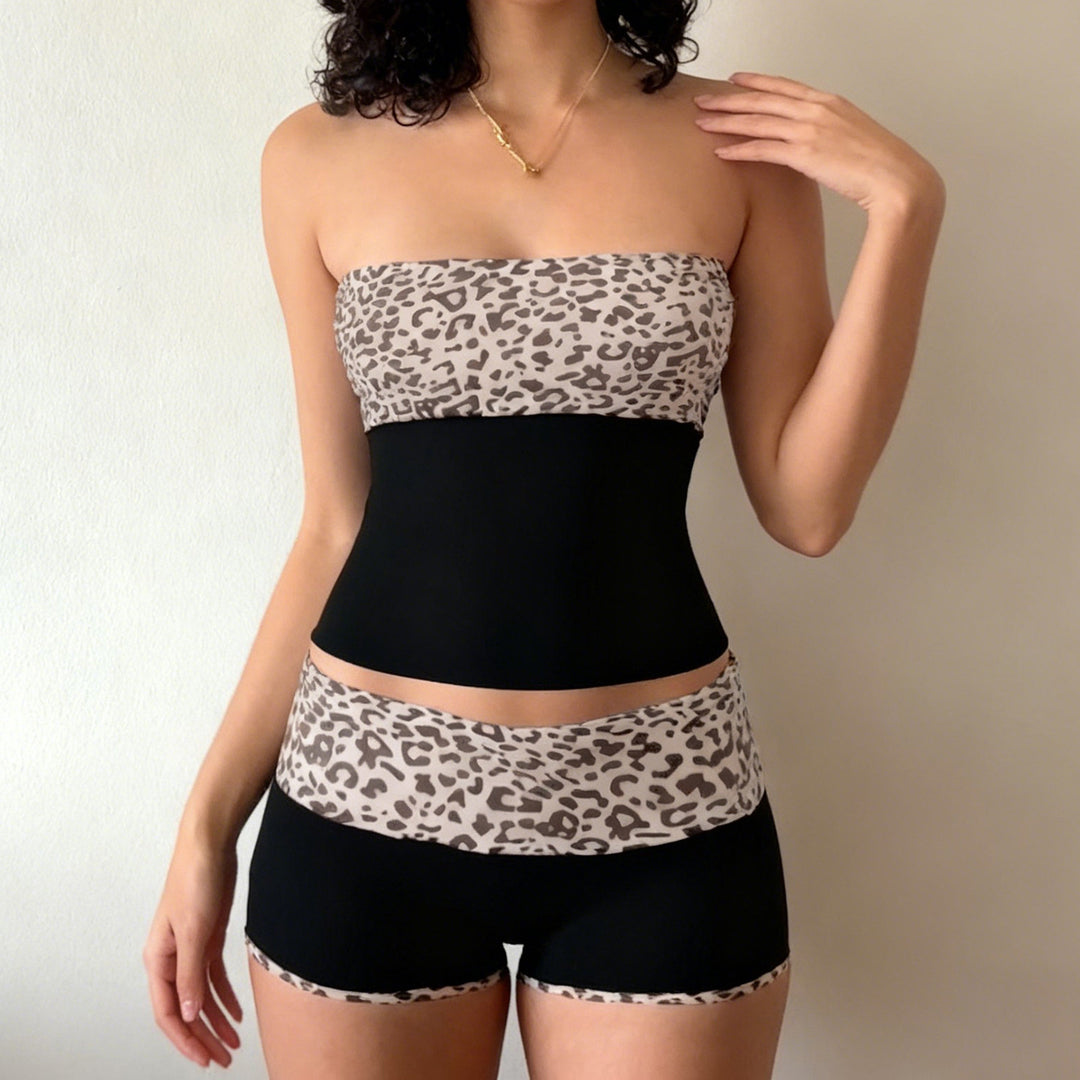 Damen Bandeau-Bikini-Set mit modischem Leopardenmuster und bequemen Shorts EB
