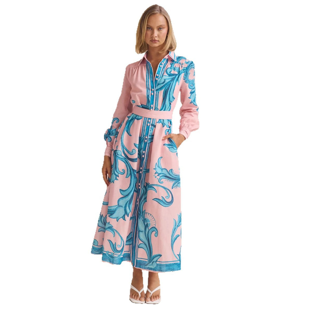 Damen Langarmhemdkleid mit floralen Akzenten und Taillengürtel EB
