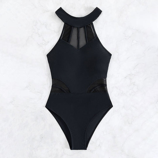 Damen Sportlicher Einteiler Badeanzug mit transparenten Einsätzen EB