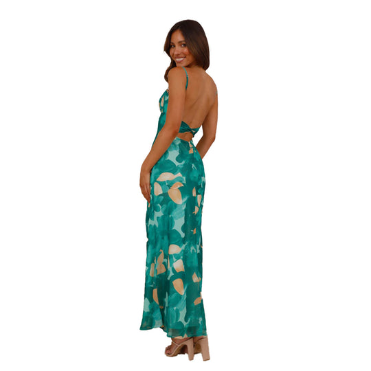 Damen Maxikleid mit floralem Wasserfarben-Design und verstellbaren Trägern EB