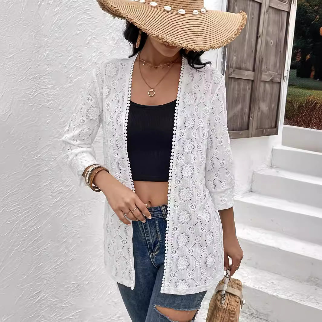 Damen Spitzen Kimono-Cardigan mit feinen Stickereien EB