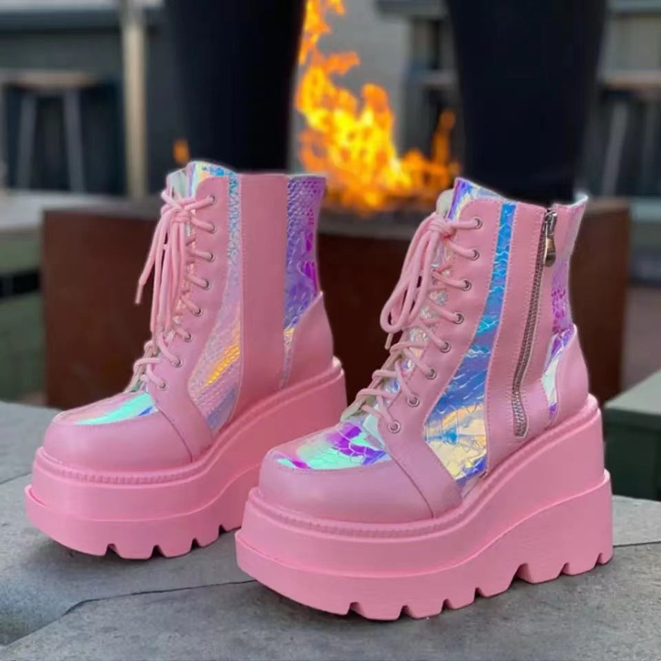 Damen nan Plateau-Bikerstiefel mit holografischen Einsätzen, Schnürung und seitlichem Reißverschluss EB