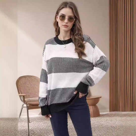 Damen gestreifter Strickpullover mit weitem Schnitt EB