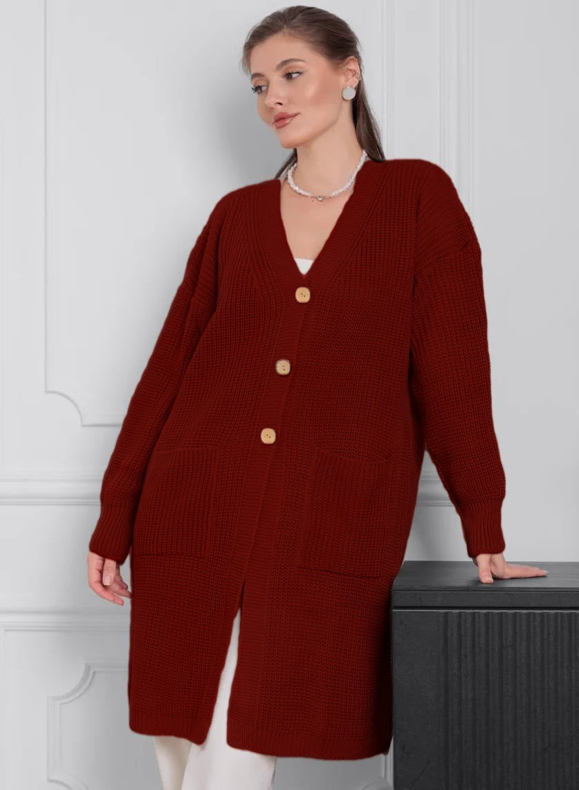 Damen Grobstrick-Cardigan mit schlichten Holzknöpfen und praktischen Taschen EB