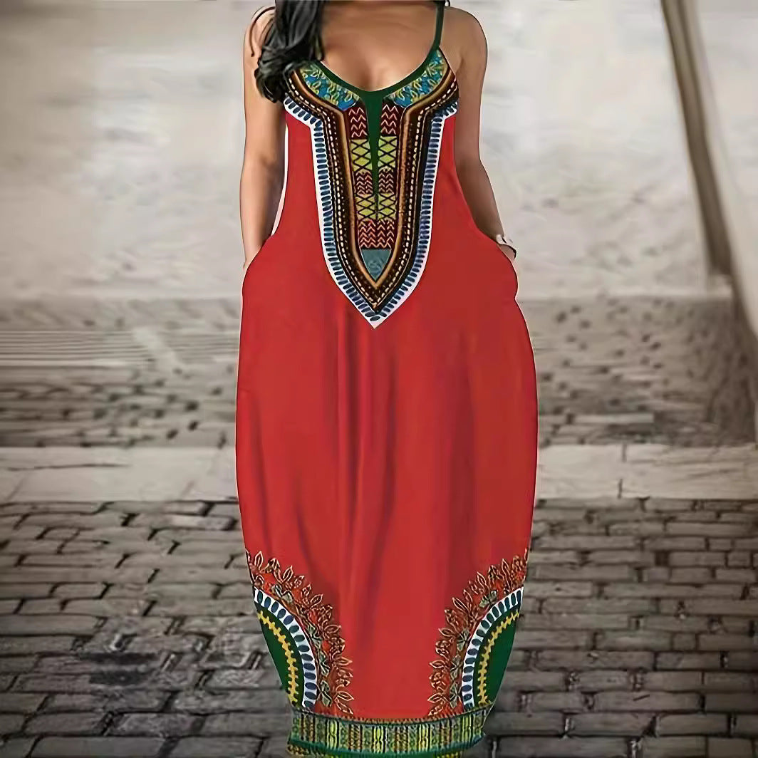 Damen Maxikleid mit künstlerischem Grafikdruck und tiefem V-Ausschnitt EB