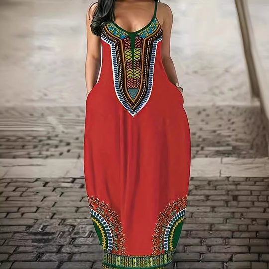 Damen Maxikleid mit künstlerischem Grafikdruck und tiefem V-Ausschnitt EB