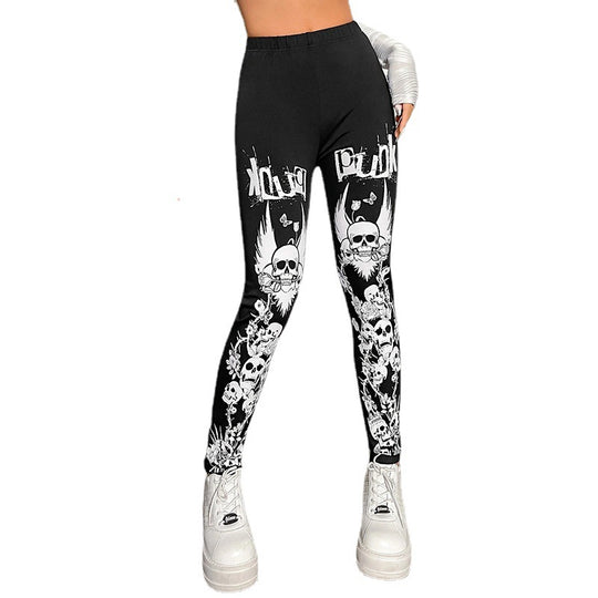 Damen Leggings mit auffälligem Totenkopf- und floralem Design EB