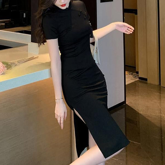 Damen elegantes Bodycon-Kleid mit hohem Schlitz und kurzen Ärmeln EB