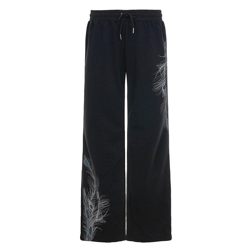 Damen nan weite Loungehose mit Kordelzug, hohem Komfortbund und Pfauenfeder-Print EB