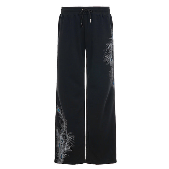Damen nan weite Loungehose mit Kordelzug, hohem Komfortbund und Pfauenfeder-Print EB