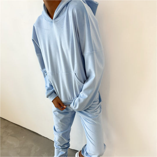 Damen bequemer Velours-Sweatanzug mit Kapuze und elastischem Bund EB