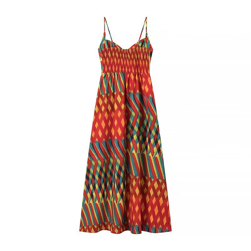 Damen Maxikleid mit auffälligem geometrischen Muster und verstellbaren Spaghetti-Trägern EB