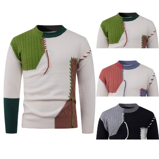Herren nan Patchwork-Strickpullover mit Zopfstrick-Einsätzen und dekorativen Nahtapplikationen EB