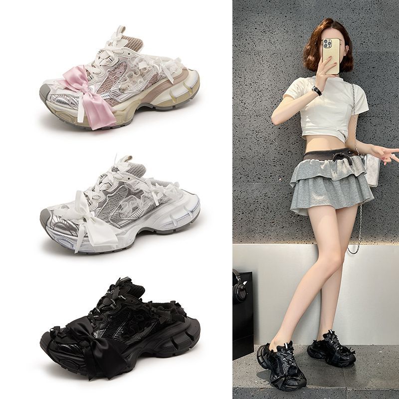 Damen Chunky-Sneaker-Mule mit Satin‑Schleife und Spitzenapplikation EB