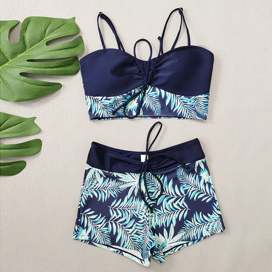 Damen Crop-Top Bikini mit floralem Design und bequemen Shorts EB
