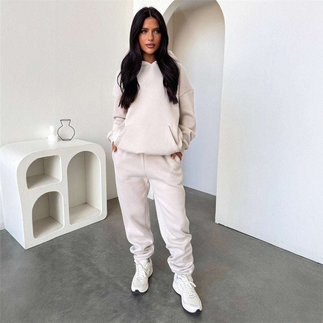 Damen Loungewear-Set mit oversized Kapuzenpullover und hochgeschnittener Kordelzug-Jogginghose aus Baumwollmischung EB