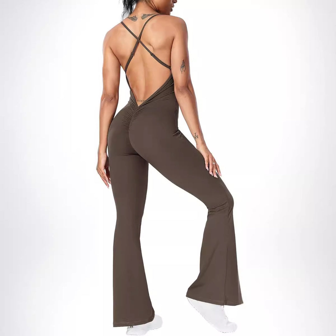 DamenSportlicher Jumpsuit mit schickem U-Ausschnitt und flared Beinen EB