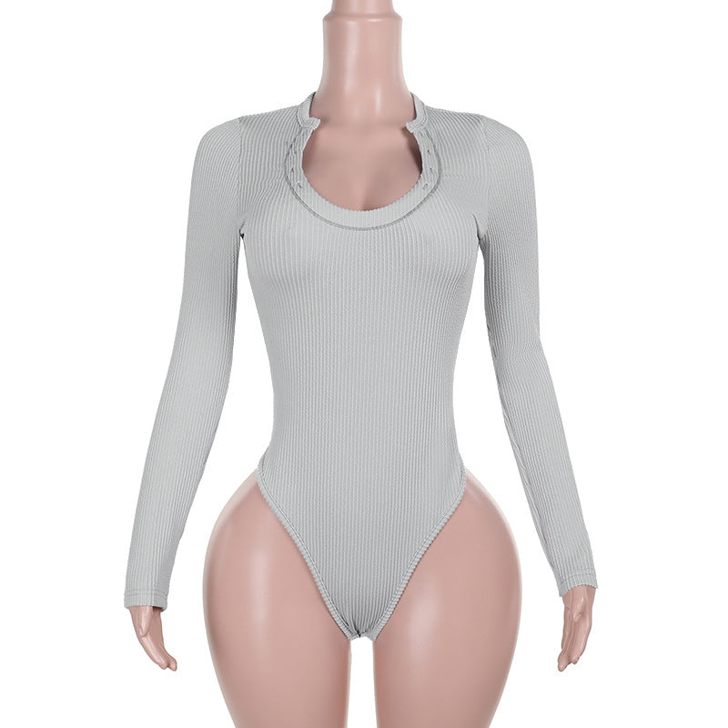 Damen Figurbetonter Rippshirt-Body mit langen Ärmeln und hohem Beinschnitt EB