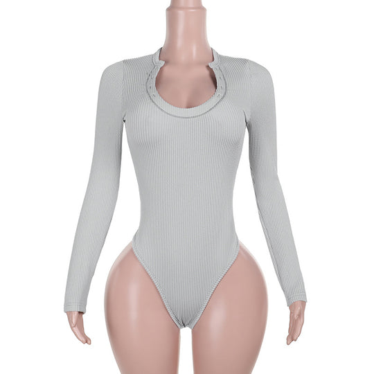 Damen Figurbetonter Rippshirt-Body mit langen Ärmeln und hohem Beinschnitt EB
