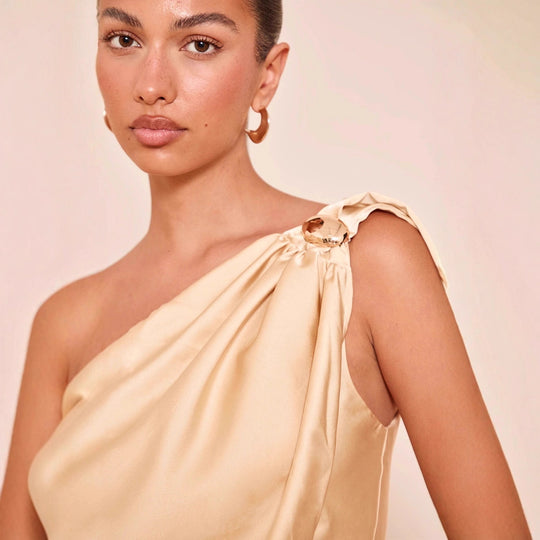 Damen asymmetrisches Satin-Oberteil mit drapiertem Abschluss EB