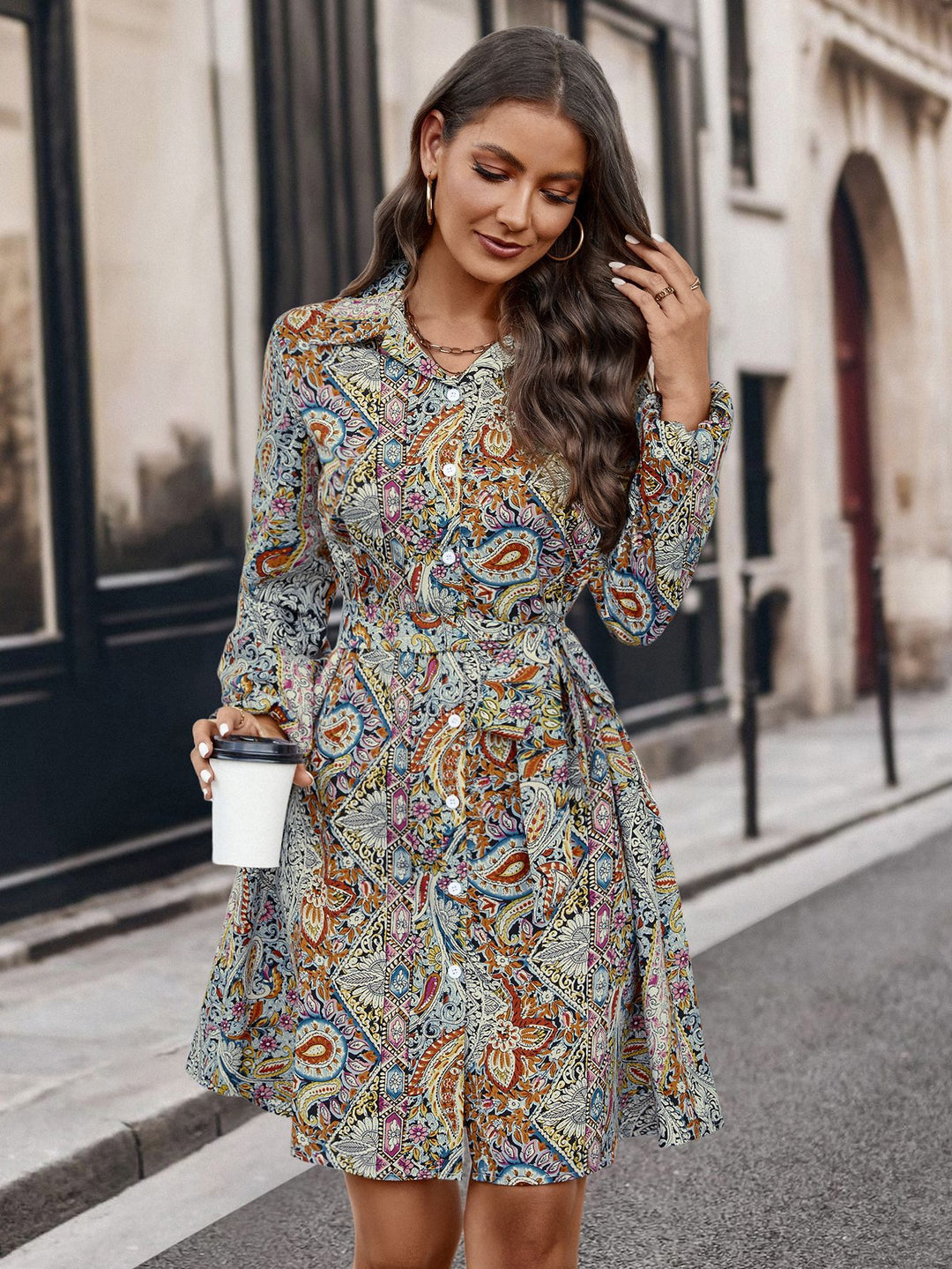 Damen Hemdblusenkleid mit buntem Paisleymuster und Gürtel EB