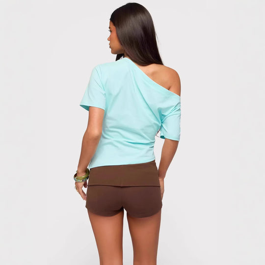 Damen asymmetrisches Oberteil mit schulterfreiem Design und kurzen Ärmeln EB
