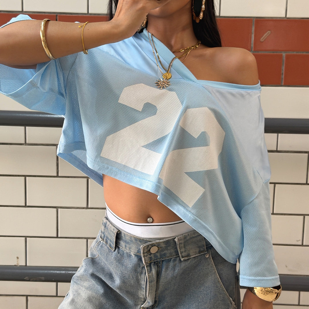 Damen Crop-Top im Sportlichen Design mit V-Ausschnitt und Netzdetails EB