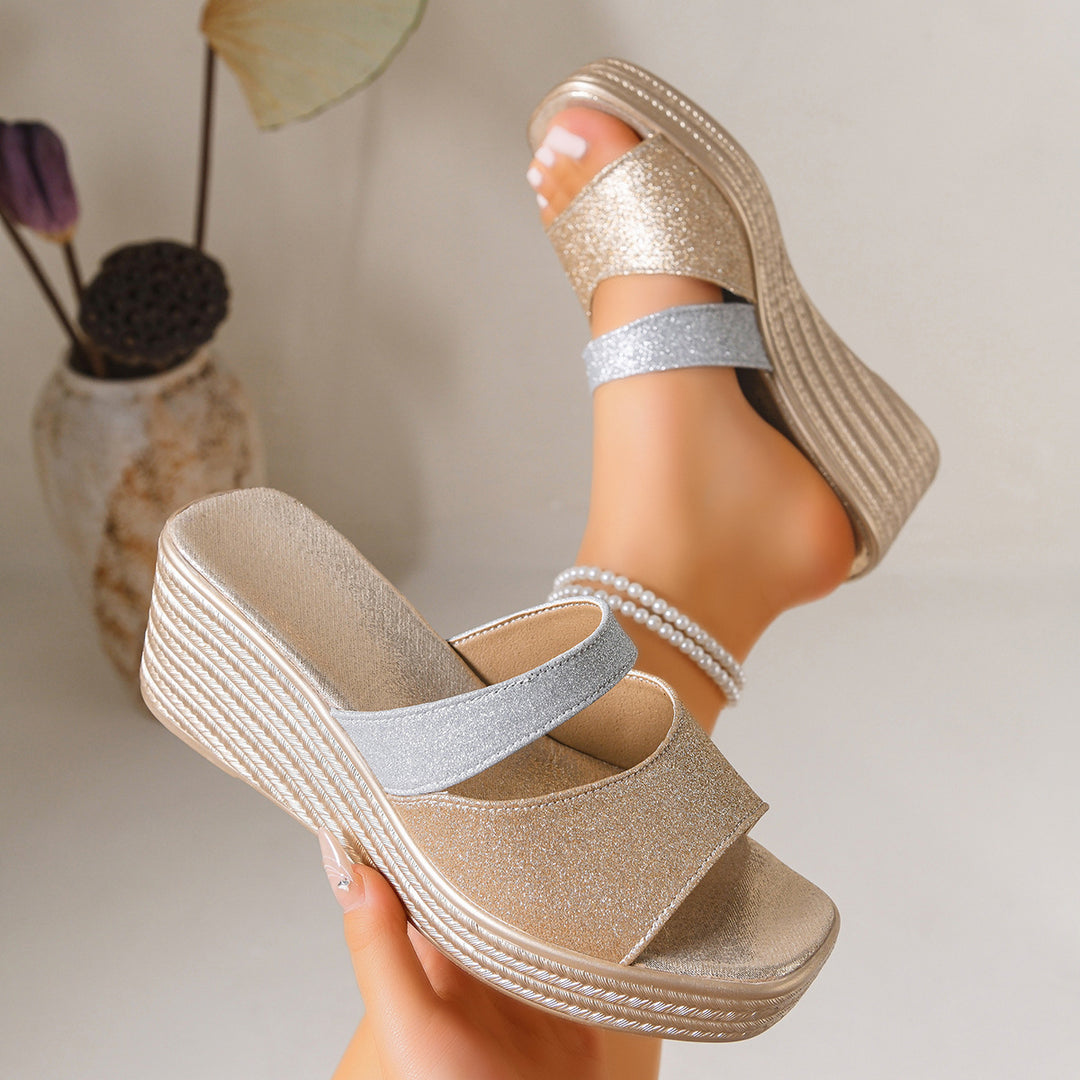 Damen Wedge-Pantoletten mit funkelnden Riemen und komfortablem Fußbett EB