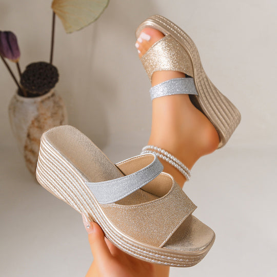 Damen Wedge-Pantoletten mit funkelnden Riemen und komfortablem Fußbett EB