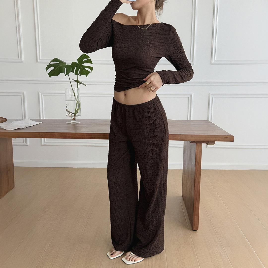 Damen nan legeres Crinkle-Lounge-Set mit Off-Shoulder Crop-Top und weiten High-Waist Palazzohose EB