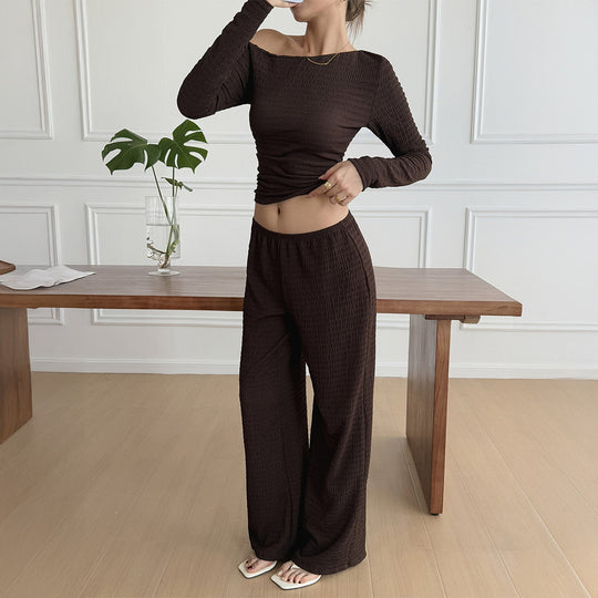 Damen nan legeres Crinkle-Lounge-Set mit Off-Shoulder Crop-Top und weiten High-Waist Palazzohose EB
