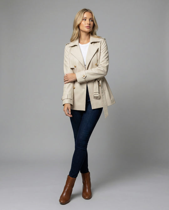 Damen übergangsjacke damen taillierter kurzer Trenchcoat mit Gürtel und doppelreihiger Knopfleiste EB