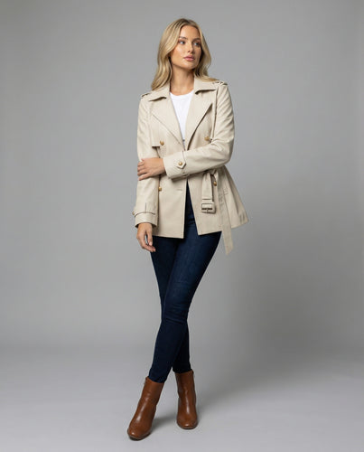 Damen übergangsjacke damen taillierter kurzer Trenchcoat mit Gürtel und doppelreihiger Knopfleiste EB