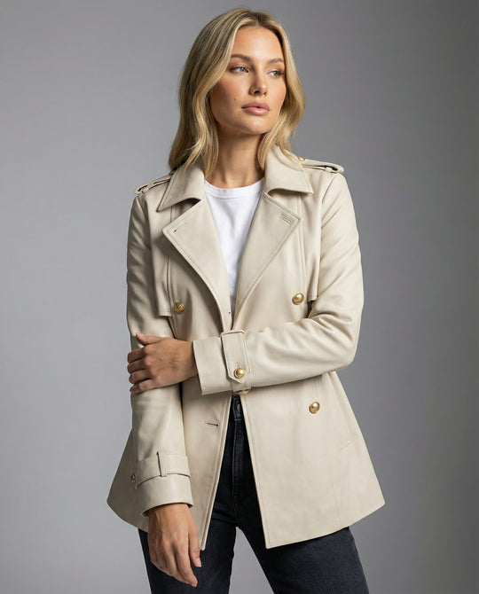 Damen übergangsjacke damen taillierter kurzer Trenchcoat mit Gürtel und doppelreihiger Knopfleiste EB