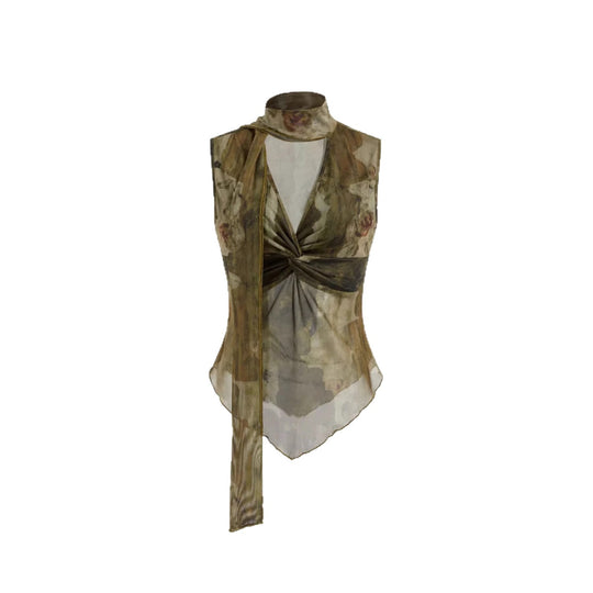 Damen Elegantes Top mit verstellbarem Kragen und transparenten Akzenten EB