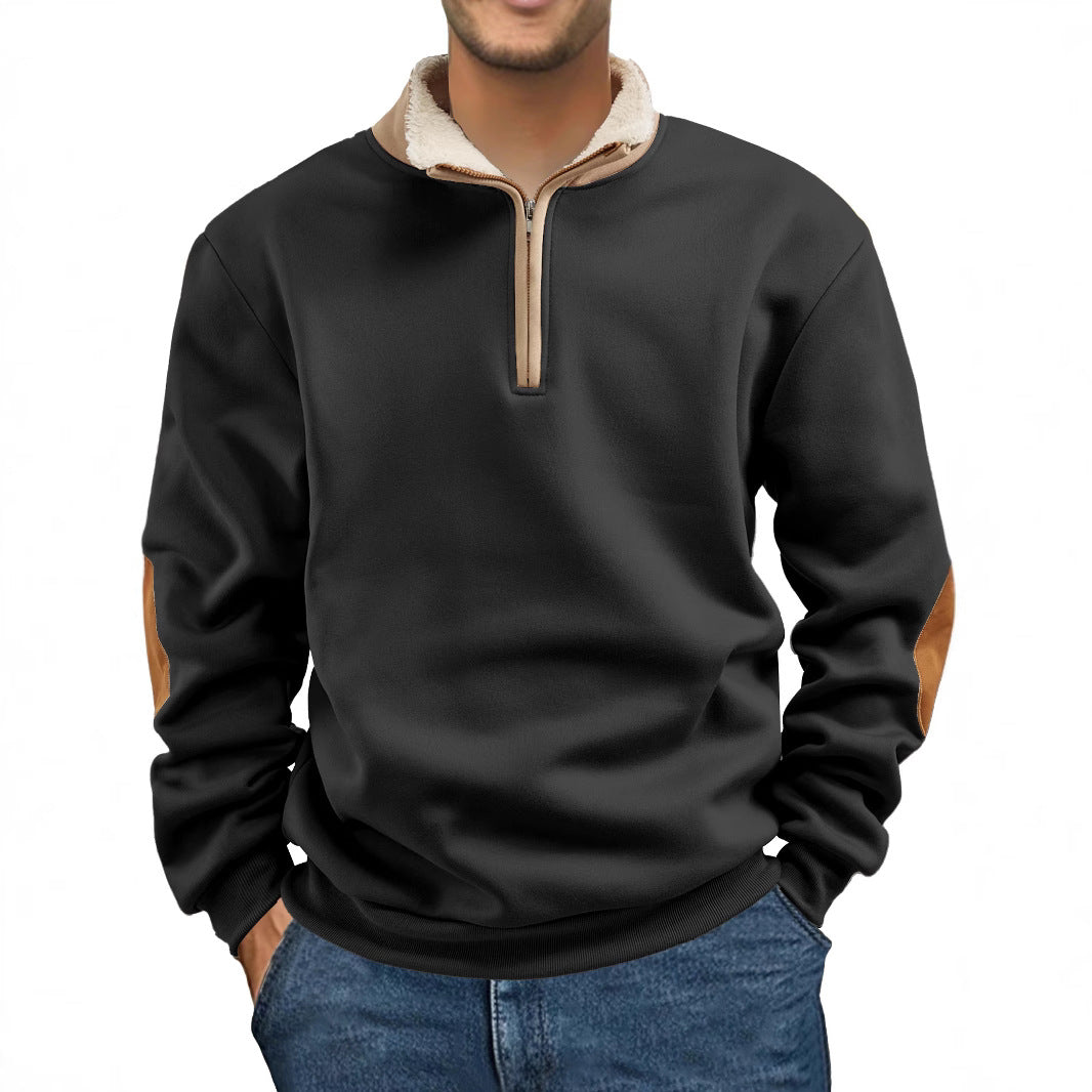 Herren nan Fleece-Halbzippullover mit Sherpa-Kragen und Ellenbogenpatches EB