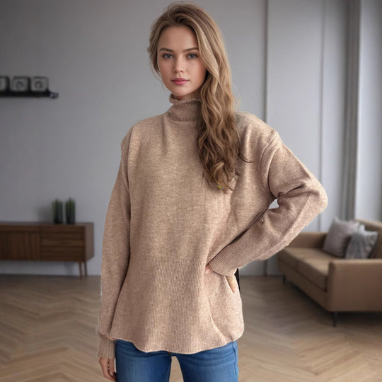 Damen Pullover mit hohem Kragen und asymmetrischem Saum EB