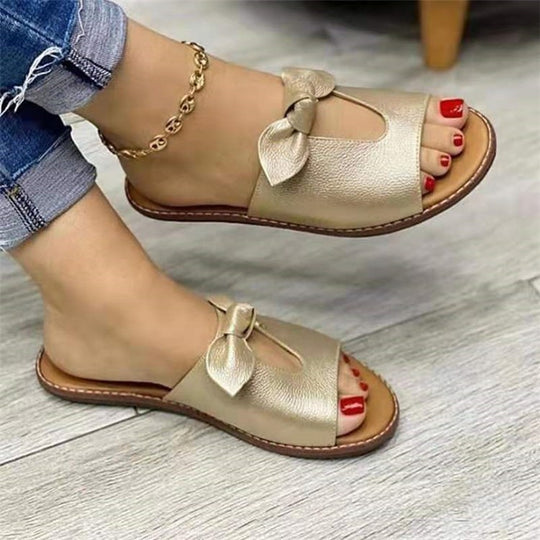 Damen  elegante flache Pantoletten mit Schleifenriemen und gepolsterter Decksohle EB
