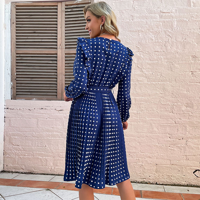 Damen langärmliges Kleid mit taillierbarem Gürtel und elegantem Punktmuster EB