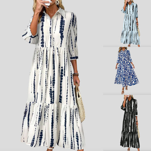 Damen Langarm Maxikleid mit modernen Streifenmuster und Taschen EB